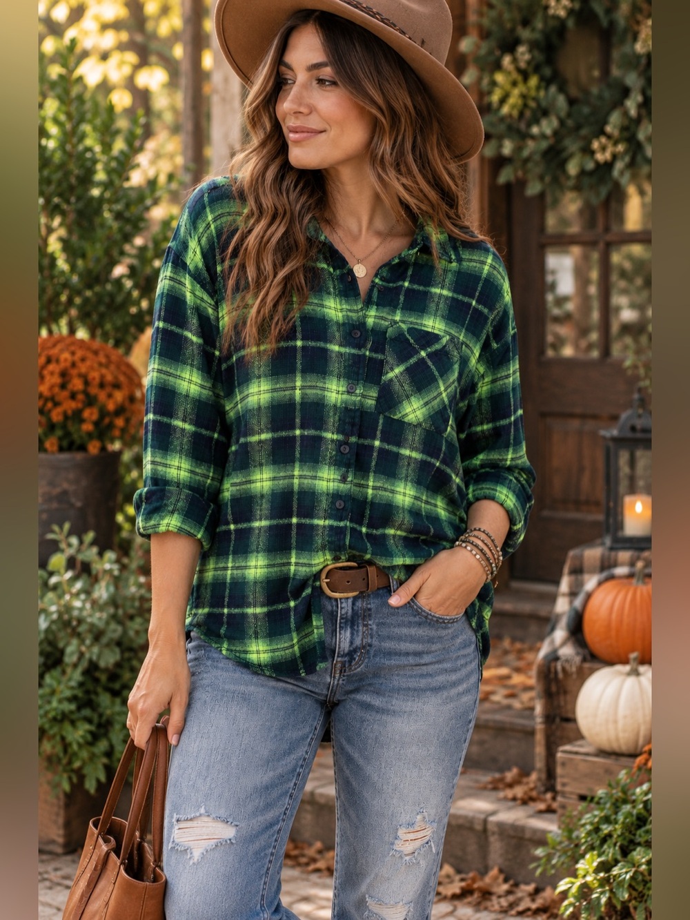 bp Boyfriend Green &Blue Plaid Button-Down Shirt Size Medium
